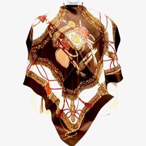 Unused Sun Kyung Sa  Scarf  100% Silk Satin 35" Brown Ivery Horse Saddle  (60)
